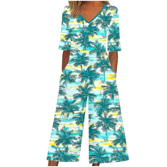 SBYOJLPB Women's Hawaiian Print Jumpsuit Summer Casual Unisex Short Sleeve V-Neck Back Zip Side Pocket Overalls Trousers​