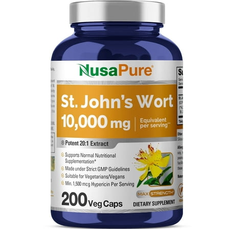 NusaPure St. John's Wort 10,000mg 200 Veggie Capsules (Vegetarian, Non-GMO) Bioperine
