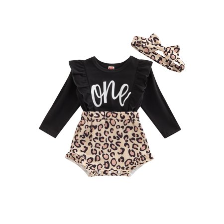 

jaweiwi Infant Baby Girl Spring Fall Romper for Girls Cow/Leopard Letter Print Long Sleeve Crew Neck Fake Two Pieces Ruffled Jumpsuit + Headband Size 0 6 12 18 24 M