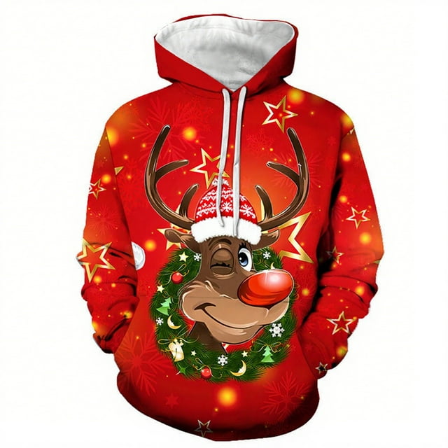 LUOGENLI Chandails à Capuche pour Hommes, Chandail à Capuche Graphique avec Imprimé de Cerf, Chandail à Manches Longues, Chandail Chaud pour la Saison des Fêtes, Tenue Décontractée, Chandails à Capuche Mode pour Hommes, Rouge, Taille TTTG