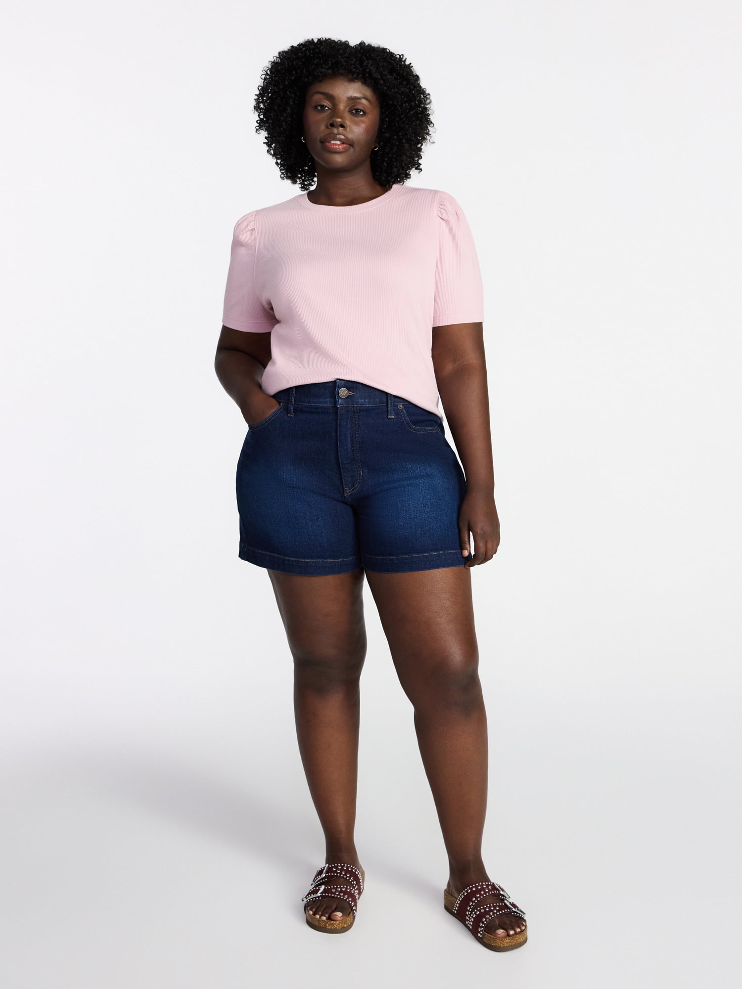 Terra & Sky Women's Plus Size Crewneck Top with Short Puff Sleeves, Size 0X-4X