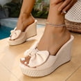 thumbnail image 2 of Womens Wedge Sandals Suede Bowtie Peep Toe Slip on Platform Heels Casual Nonslip Arch Support Summer Mules Slides Beige Size 6.5, 2 of 7