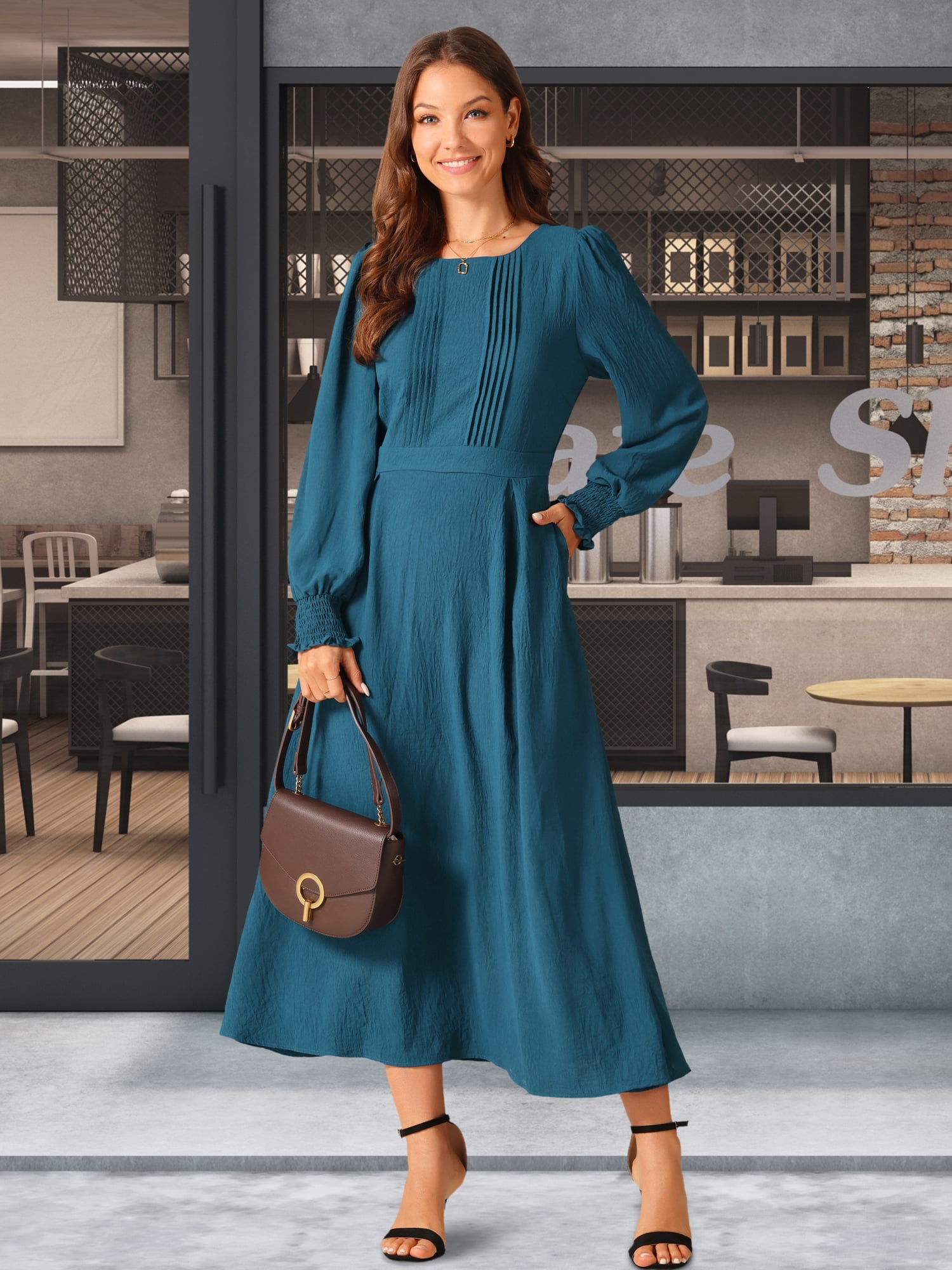 DARING DIVA Frilled Crewneck Long Sleeve Midi Fall Dress M Peacock Blue