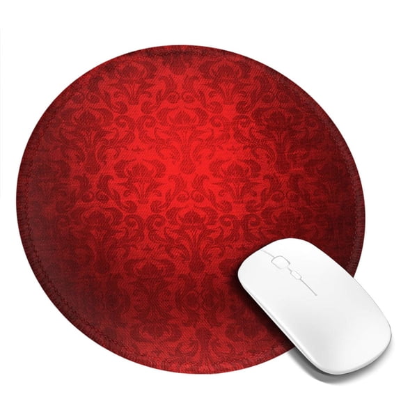 Red Damask Round MousePad with Stitched Edge Non-Slip Rubber Base Mouse Mat for Office & Home (7.9 x 7.9)