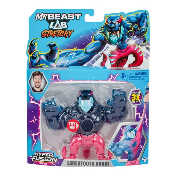 MrBeast Lab Hyper Fusion Sabertooth Squid 5 inch Stretchy Hero, Goo Filled Standing Figure, Stretch up to 3 Times His Size, Ages 5 