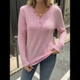 thumbnail image 4 of Camisa de Punto A Rayas de Larga con Cuello en V para Mujer, Estilo Túnica Informal, Holgada y Elegante, para Otoño. Rosa M, 4 of 10