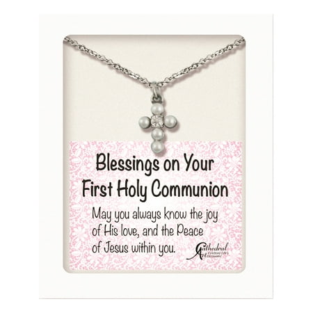 - Silver-tone Faux Pearl Cross 1st Communion 13in w/1.25ext Necklace (14x1mm)