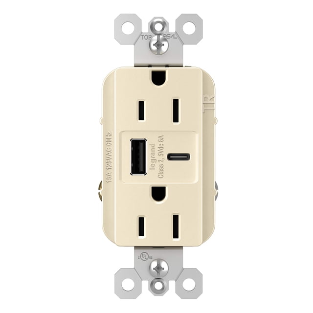 Legrand radiant R26USBAC6LA 15 Amp Réceptacle Duplex Résistant à l'Inviolabilité avec Ports de Charge USB Ultra Rapide A/C 6.0A, Amande Légère (1 Unité)