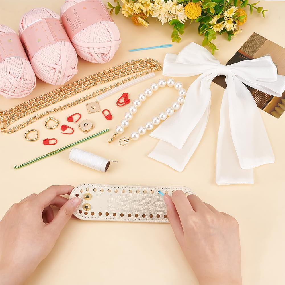 DIY Crochet Knitting Bag Kit Handmade Crochet Handbag Making Kits Women's Bowknot Crossbody Bag Making Kit 9x2x5.9 Inch Pink