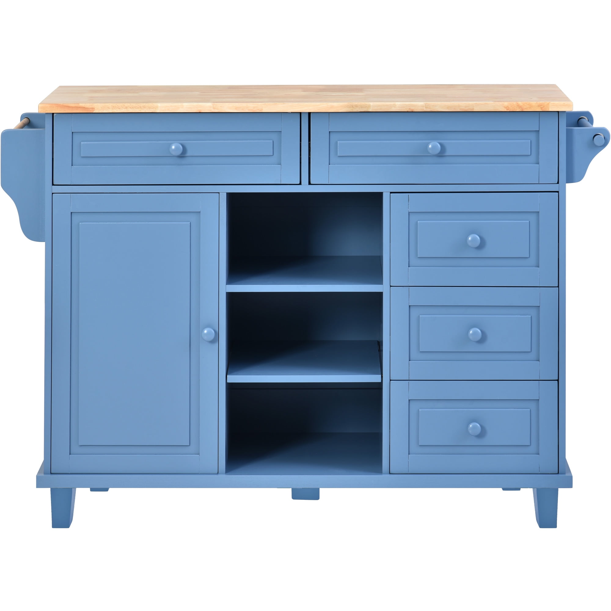 Blue Solid Wood Kitchen Cart with Storage and Wheels