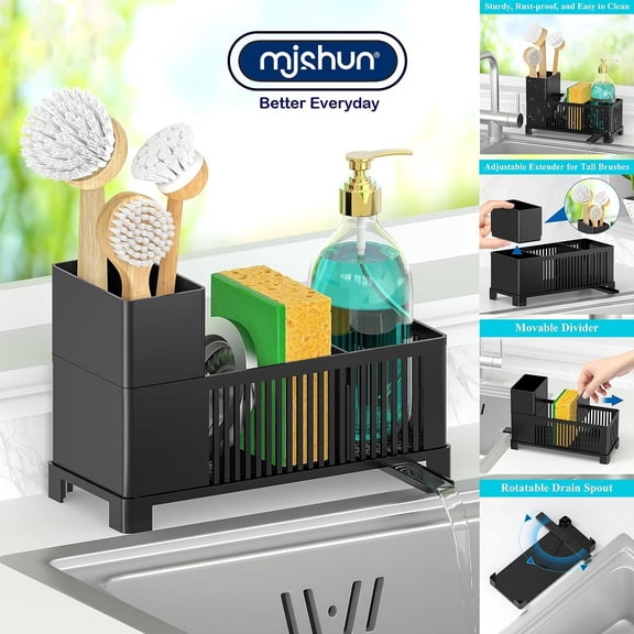 Sponge Holder for Kitchen Sink, Kitchen Sink Caddy with High Brush Holder & Adjustable Divider, Self Draining Plastic Sink Storage Rack for Sponge,Soap,Dish Brush,Multifunctional Countertop Organizer