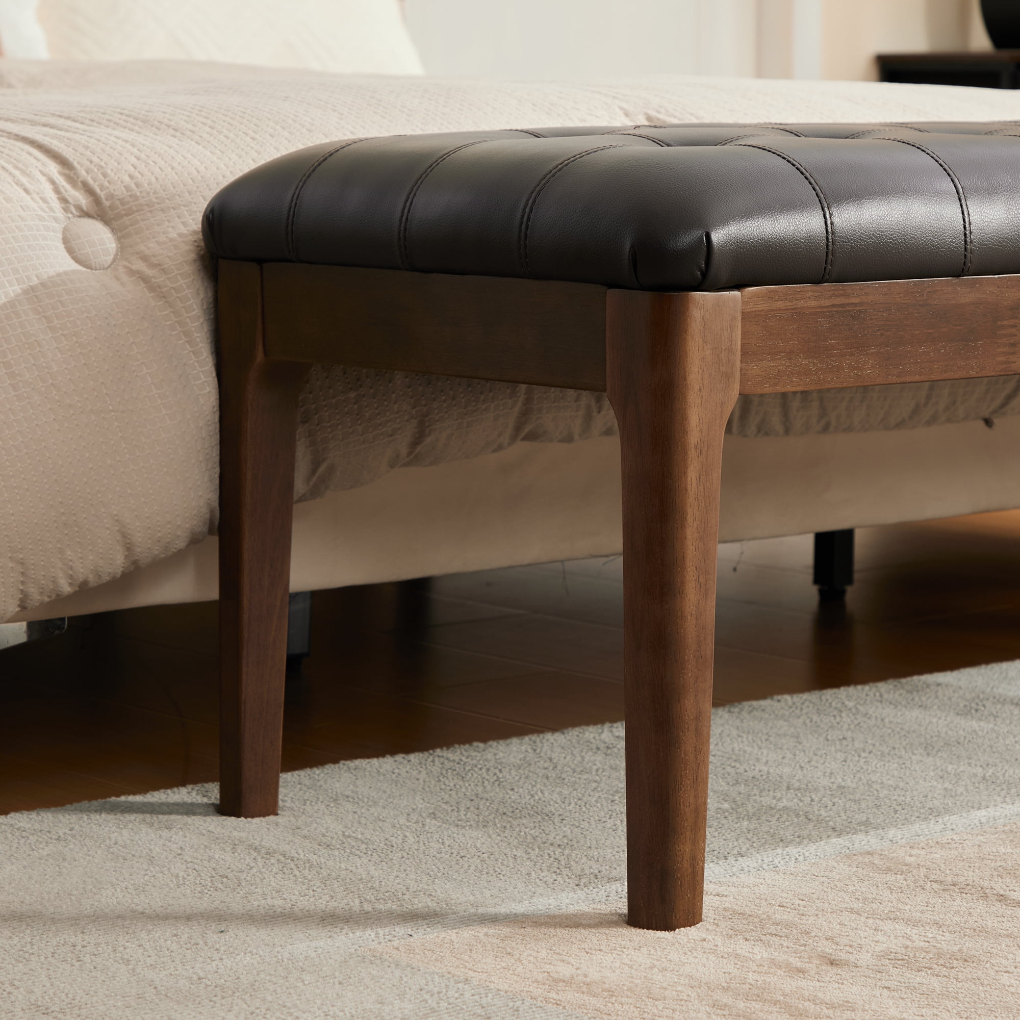 Aukfa 66" Upholstered Faux Leather Bedroom Bench with Button Tufted Design and Bolster Pillow,Solid Rubberwood,Coffee
