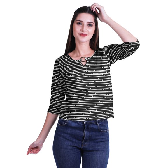 Moomaya Printed Keyhole Neck Ring Top Casual 3/4th Sleeve Tees Tank Tunic Top