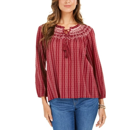 Style & Co Women's Petite Striped Textured Top Dark Red Size Medium
