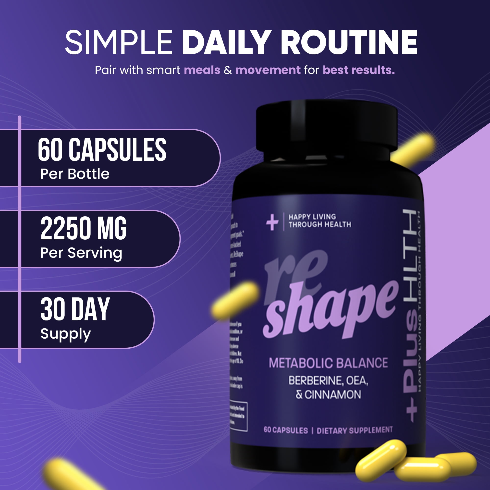 PlusHLTH Reshape Capsules with Berberine, Cinnamon, and OEA for Metabolic Balance 60 capsules
