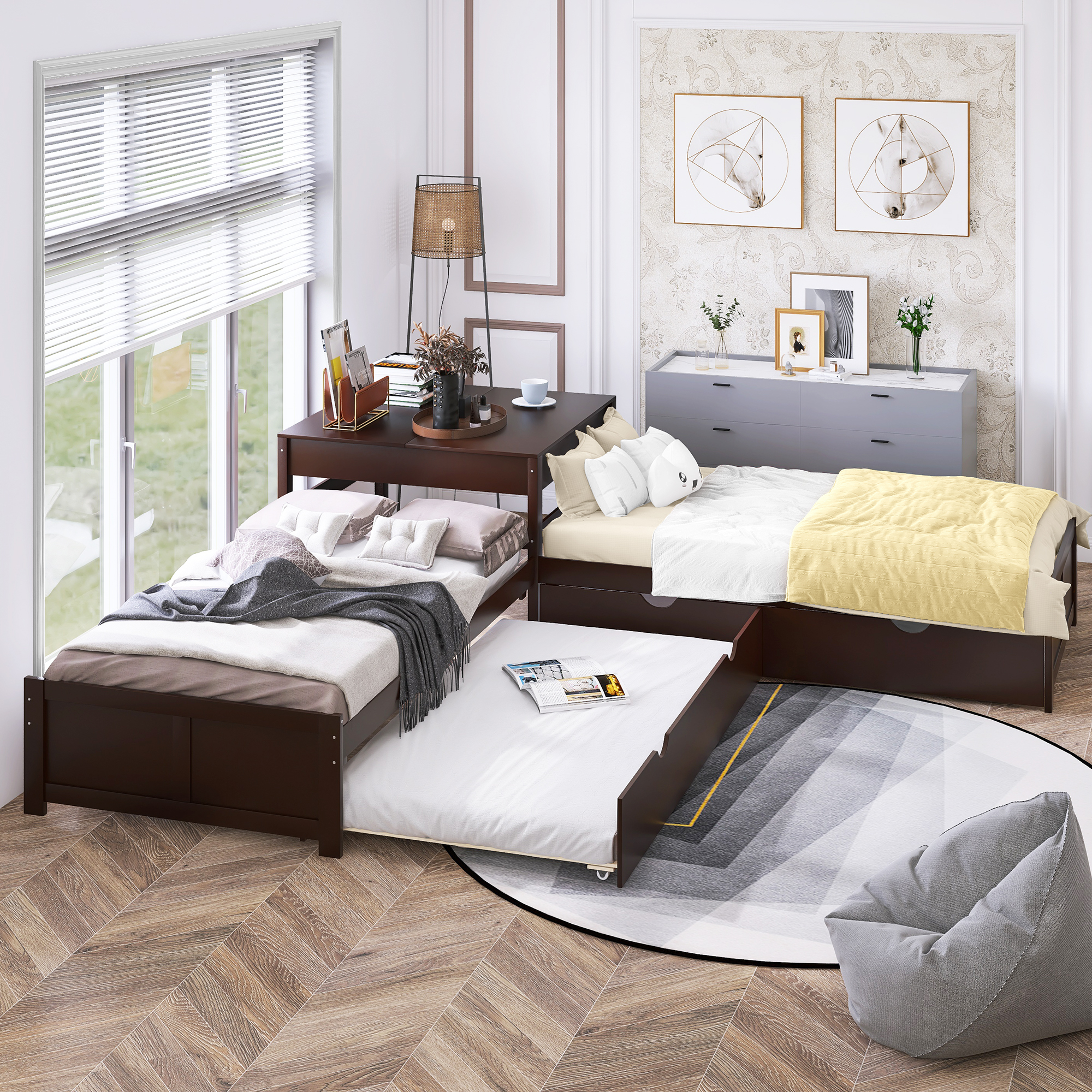 CoSoTower Twin Size LShaped Platform Bed With Two Trundles And Built