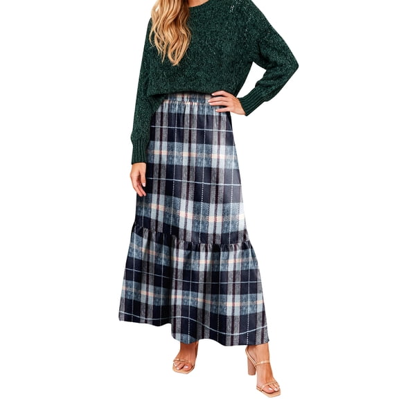 Women’s Long Plaid Skirt Elastic Waist Tiered Maxi Skirt Lightweight Soft Fabric Casual Style for Daily Wear Navy S