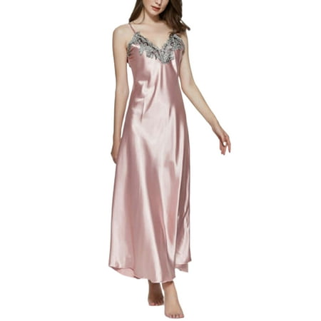 

Women Satin Silk V-neck Lingerie Pajama Long Night Dress Nightdress Sleepwear