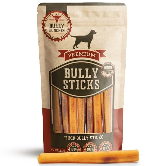 Bully Bunches Bâtonnets de Bully Premium 6 Pouces Épais Sans Odeur pour Petits et Moyens Chiens - Friandises Longue Durée pour Soins Bucco-Dentaires - Ingrédient Unique et Naturel, 100 % B