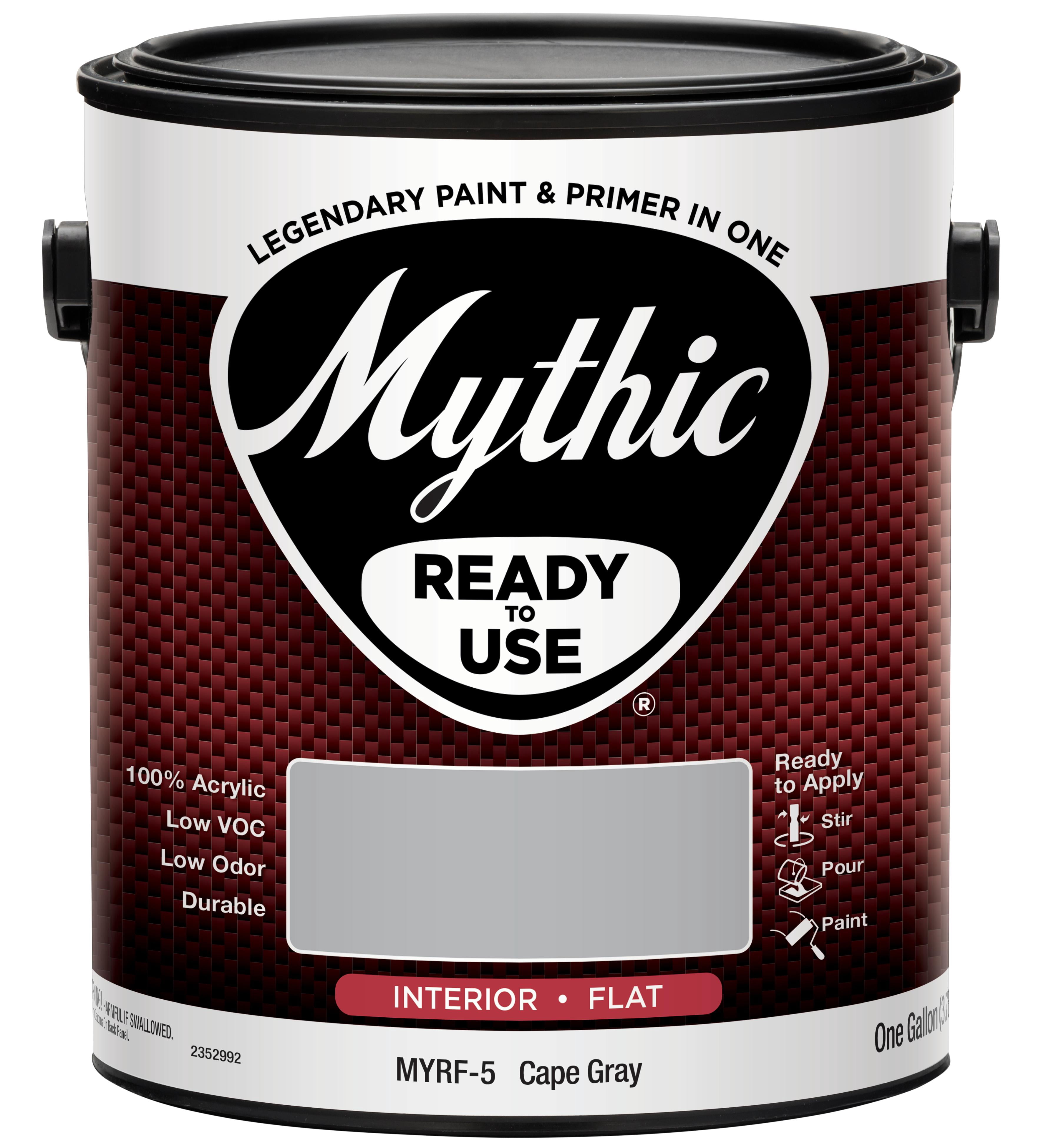 Mythic Ready to use Colors, Gallon, Cape Gray, Interior Flat Acrylic Latex Paint, Non-Spatter Formula, Quick Dry, Easy Soap & Water Clean Up, VOC Less Than 50 Grams Per Litre.