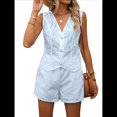thumbnail image 3 of Conjunto de 2 Piezas con Bordado Floral y Ojales para Mujer, Pantalones Cortos de Verano, Chaleco Abotonado, Elegante e Informal para Vacaciones. Azul S, 3 of 8