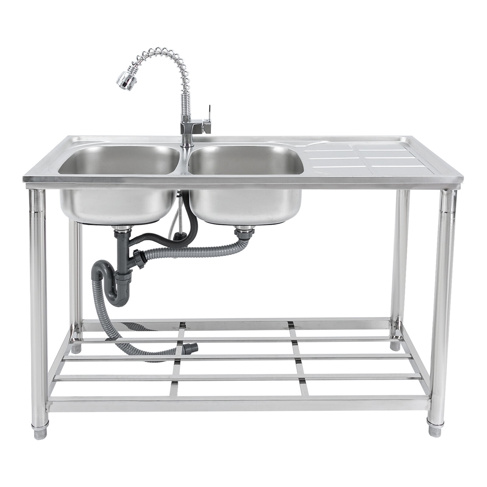201 Stainless Steel Kitchen Sink, 2-Bowl Design with Pull-Out Spray Faucet, 220LBS Capacity, Free Standing for Home, Commercial.