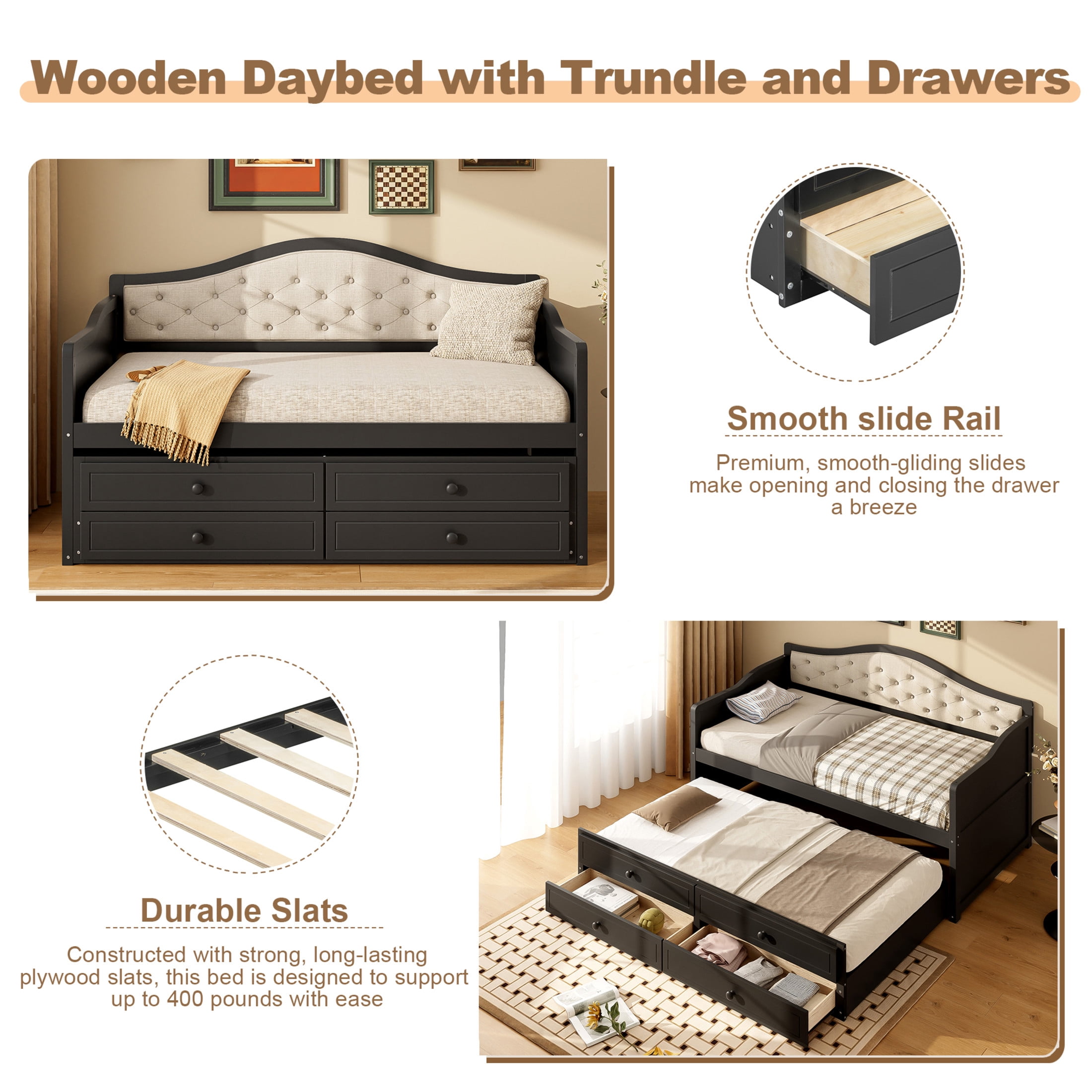 Noble House Twin Daybed with Trundle, 2 Storage Drawers, Upholstered Tufted Backrest, Black