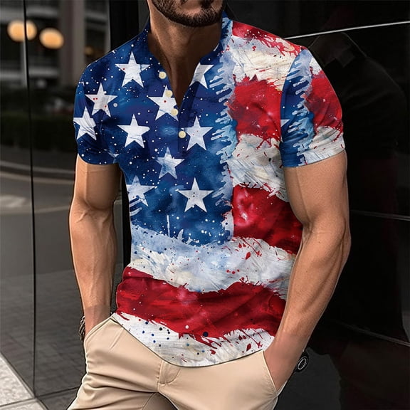 WAENQINLA 4th of July Henley Shirts for Men Big and Tall Casual Short Sleeve American Flag Graphic Tees Summer Button Patriotic Shirt