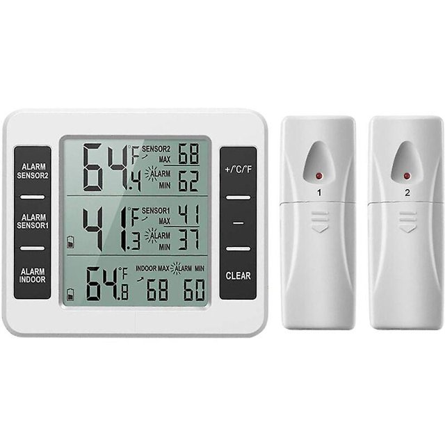 Termómetro digital inalámbrico para refrigerador, versión mejorada del sensor digital del termómetro congelado, con alarma de sonido de sensor de 2 piezas y temperatura interior/exterior