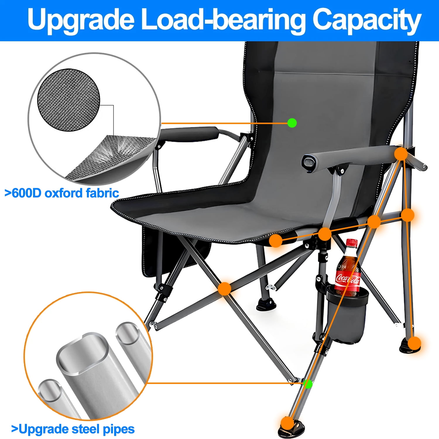 Oversized Camping Chairs, 2 Pack Heavy-Duty Steel Frame Supports 450Lbs, Foldable Outdoor Lawn Chair with Cup Holder for Backyard & Camping