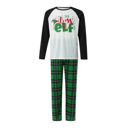 

Gureui Matching Christmas Family Pajamas Set Long Sleeve Cute Elf Hat Letter Print Tops + Plaid Pants Sleepwear Set for Adults/Kids/Baby