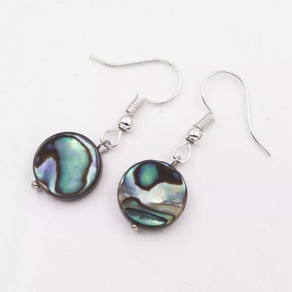 K-KED 12mm Flat Round Natural Paua Abalone Shell Drop Dangle Hook Earring 1.2"