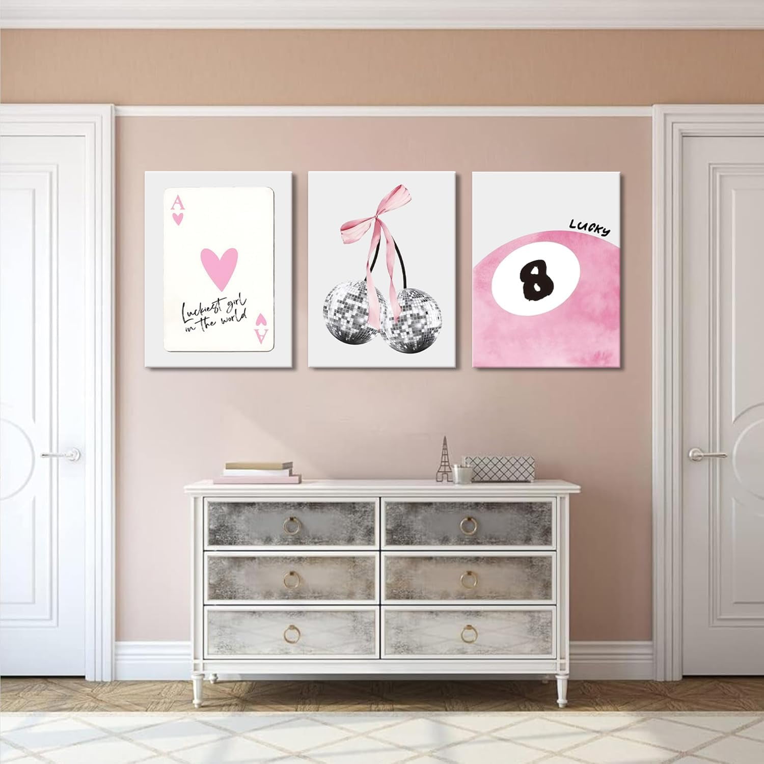 JBZZD Pink Coquette Canvas Wall Art Set of 3 Trendy Preppy Disco 8 Ball Cherry Wall Decor Posters Room Decor Prints Pictures for College Apartment Girls Bedroom Living Room Framed 12x16In