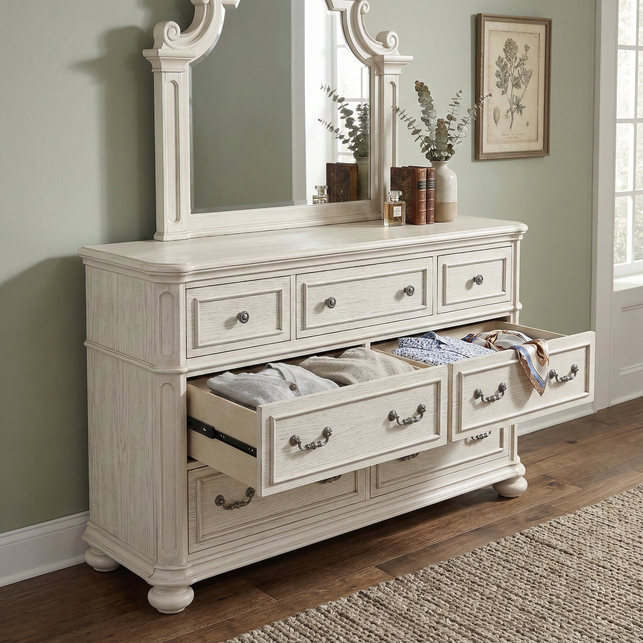 Roundhill Furniture Nelson French Traditional 5-Piece Bedroom Set, Antique White, Queen