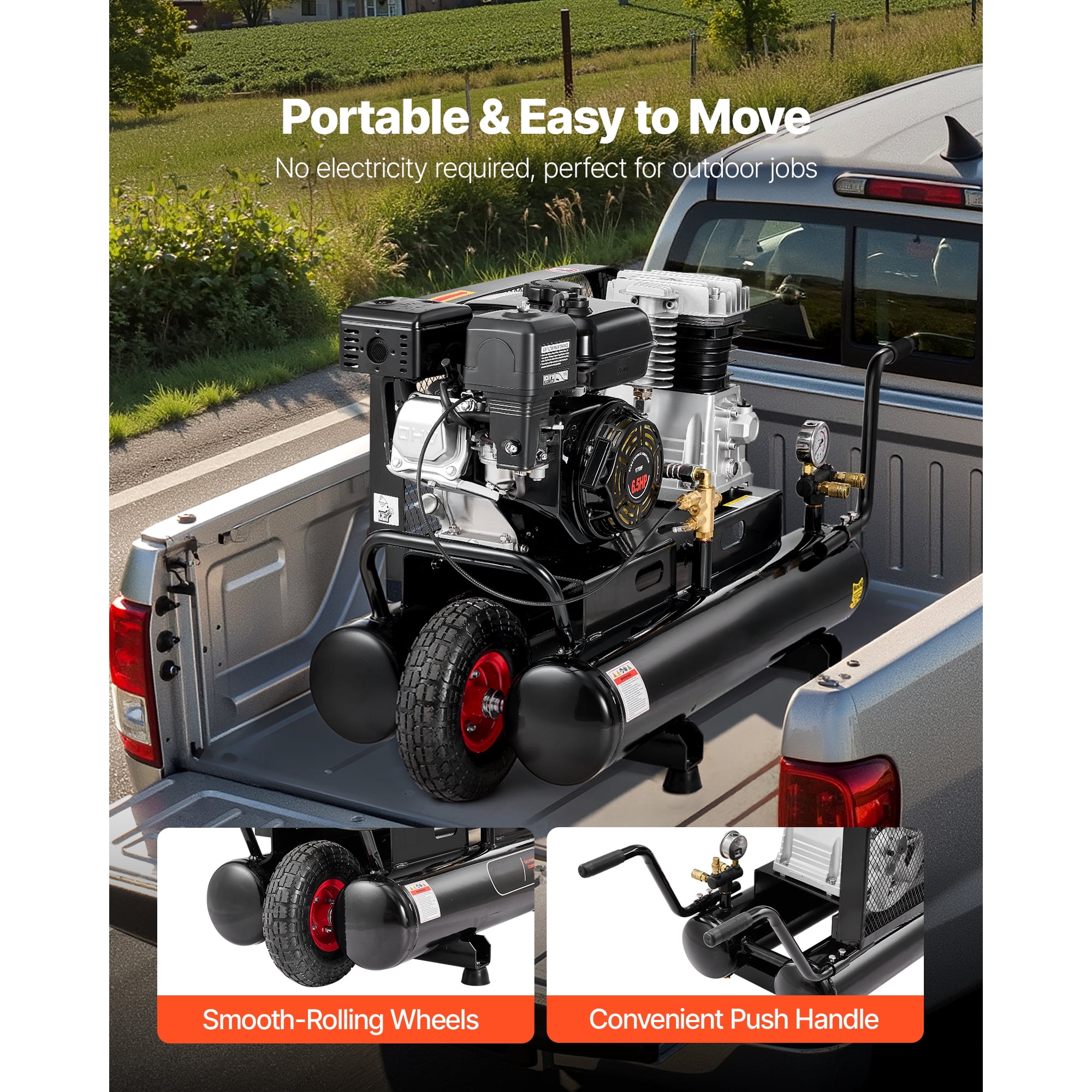 KFFKFF 9 Gallon Dual-Tank Gas Air Compressor, 6.5HP 9CFM Gas-Powered Unit with Wheels, 115PSI Piston Pump System for Tire Inflation, Automotive Repairs, and Spray Painting