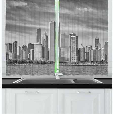 Chicago Skyline Curtains 2 Panels Set, Black and White Filtered Photo of Waterfront Cityscape on a Cloudy Day Print, Window Drapes for Living Room Bedroom, 55W X 39L Inches, Grey, by (Best Windows For Waterfront Homes)
