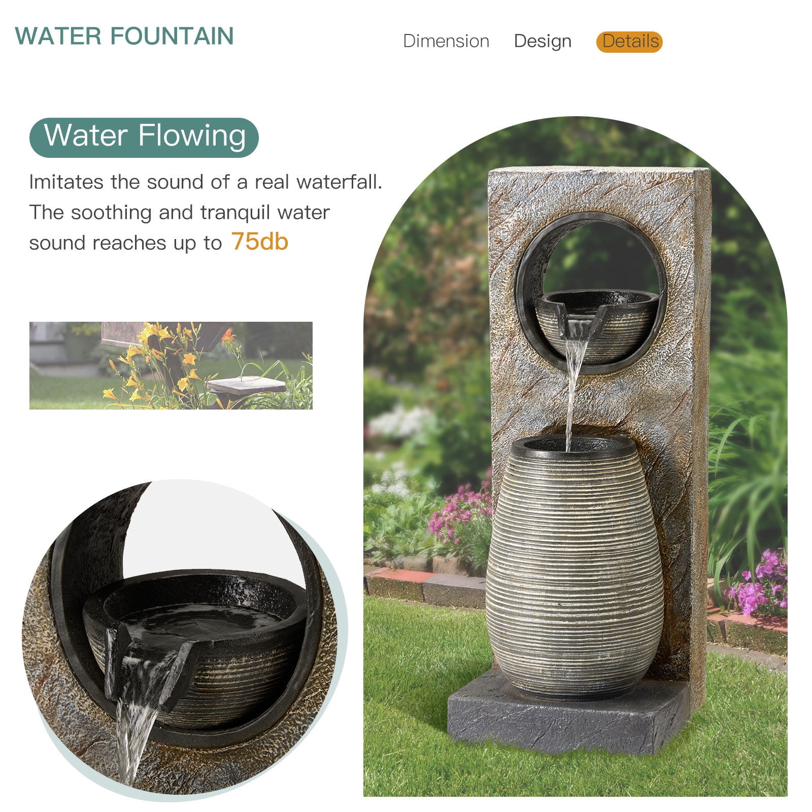 Erinnyees 39.7" Modern Outdoor Fountain with LED Lights - Freestanding Garden & Yard Decor