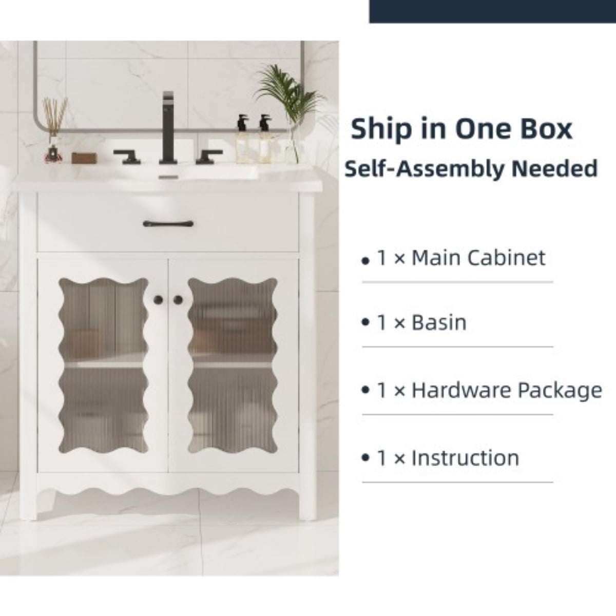 31" Bathroom Vanity with Ceramic Sink, Modern Freestanding Bathroom Cabinet with Tempered Glass Doors, Soft Close Hinges, Rubber Wood Legs, White