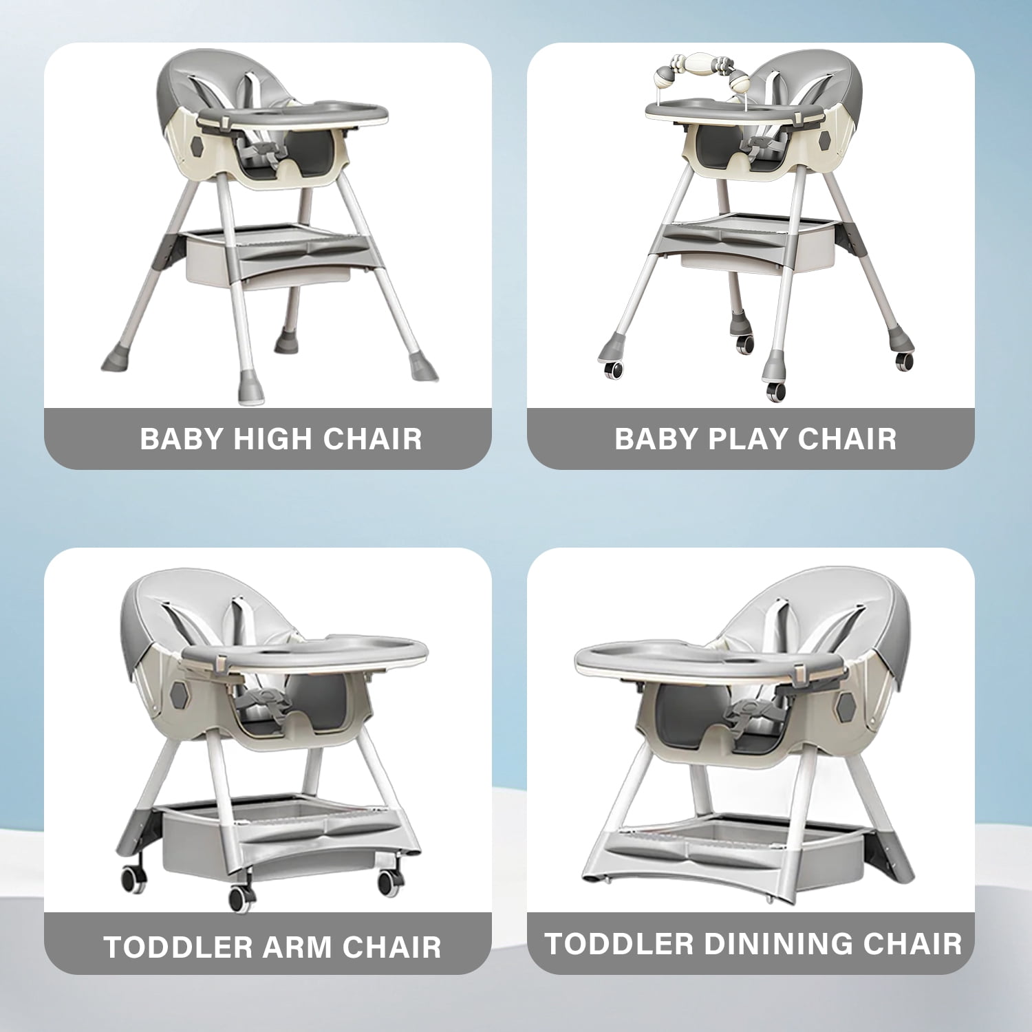 BEJOLO Baby High Chair, 4-in-1 Foldable Highchair Dining Feeding Chair with Double Dining Plate & Toy Rack, Infant to Toddler, Gray
