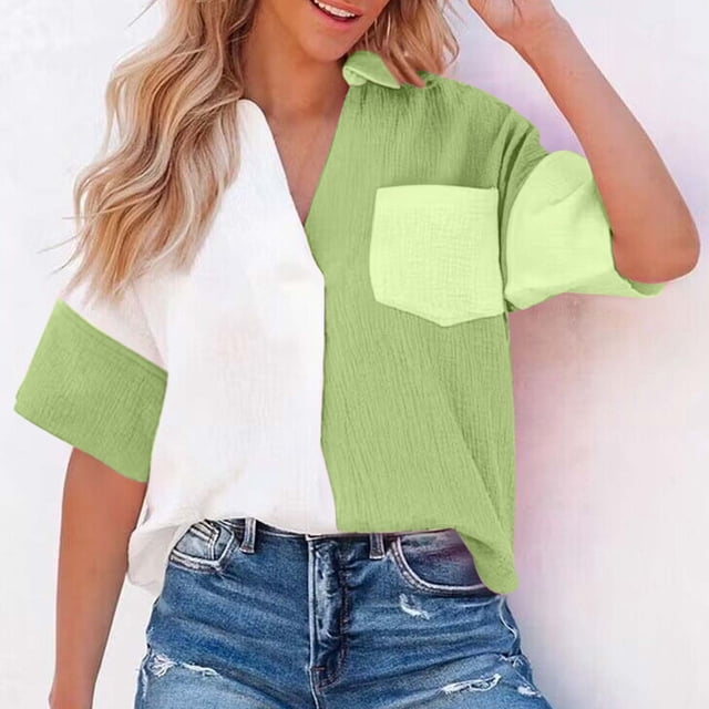ICHUANYI Clearance Fashion Women Causal Button Patchwork Blouse Short Sleeve T-Shirt Summer Tops(Green, L) ICHUANYI WER2023081012464