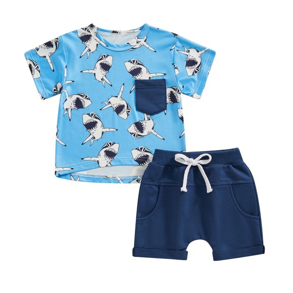 Musuos Toddler Boys Summer Outfits 6 12 18 24M 3T Beach Style Shark/Tree Print Short Sleeve T-Shirts Tops and Shorts 2Pcs Clothes Set