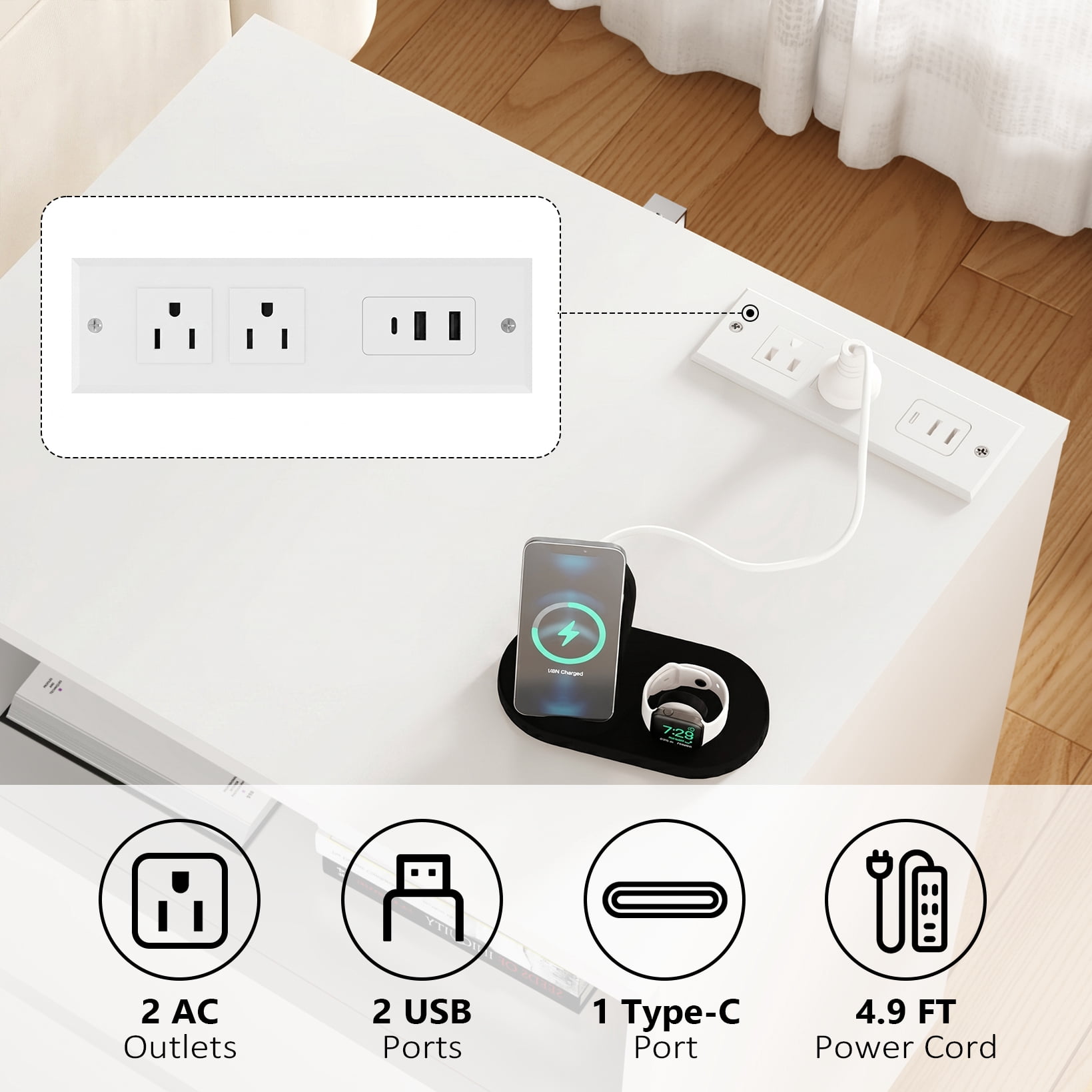 Mintazer Nightstand Set of 2, Bedside End Table with Charging Station, 2 Drawers & Open Storage Compartment, Particle Board Side Table for Bedroom Living Room, White