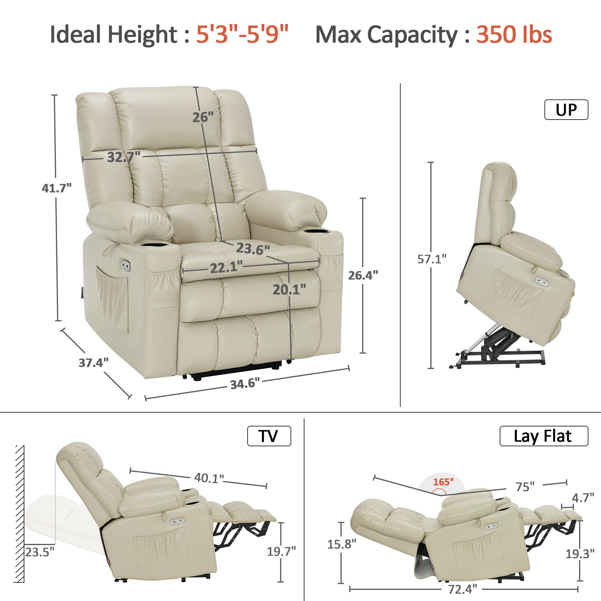MCombo Dual Motor Power Lift Chair for Elderly, Sleep Lift Recliner, Faux Leather, Cream White