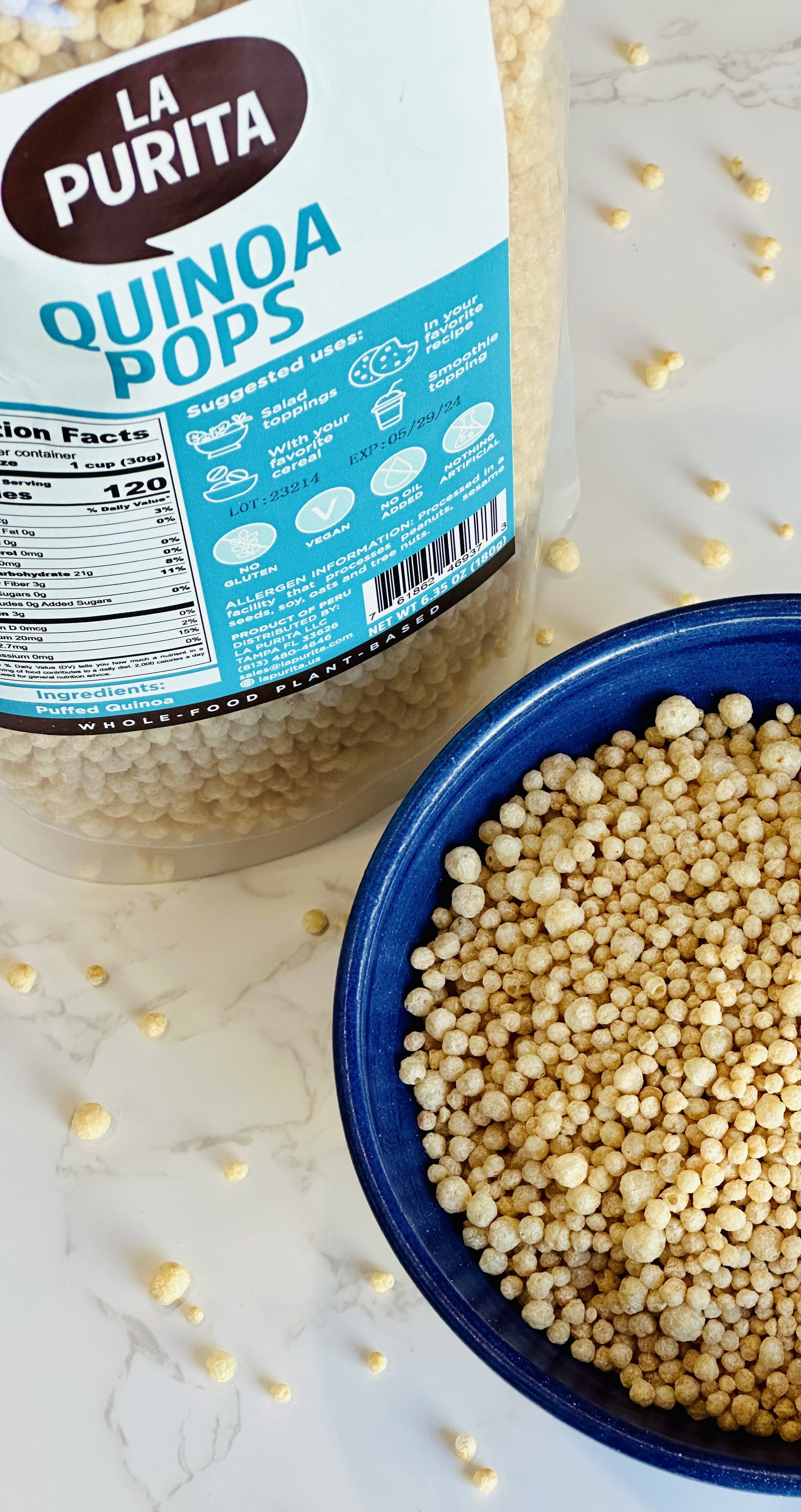 La Purita Quinoa Pops, 6.35 oz, Puffed Quinua, Gluten-Free Cereal, Vegan, Superfood (180g)