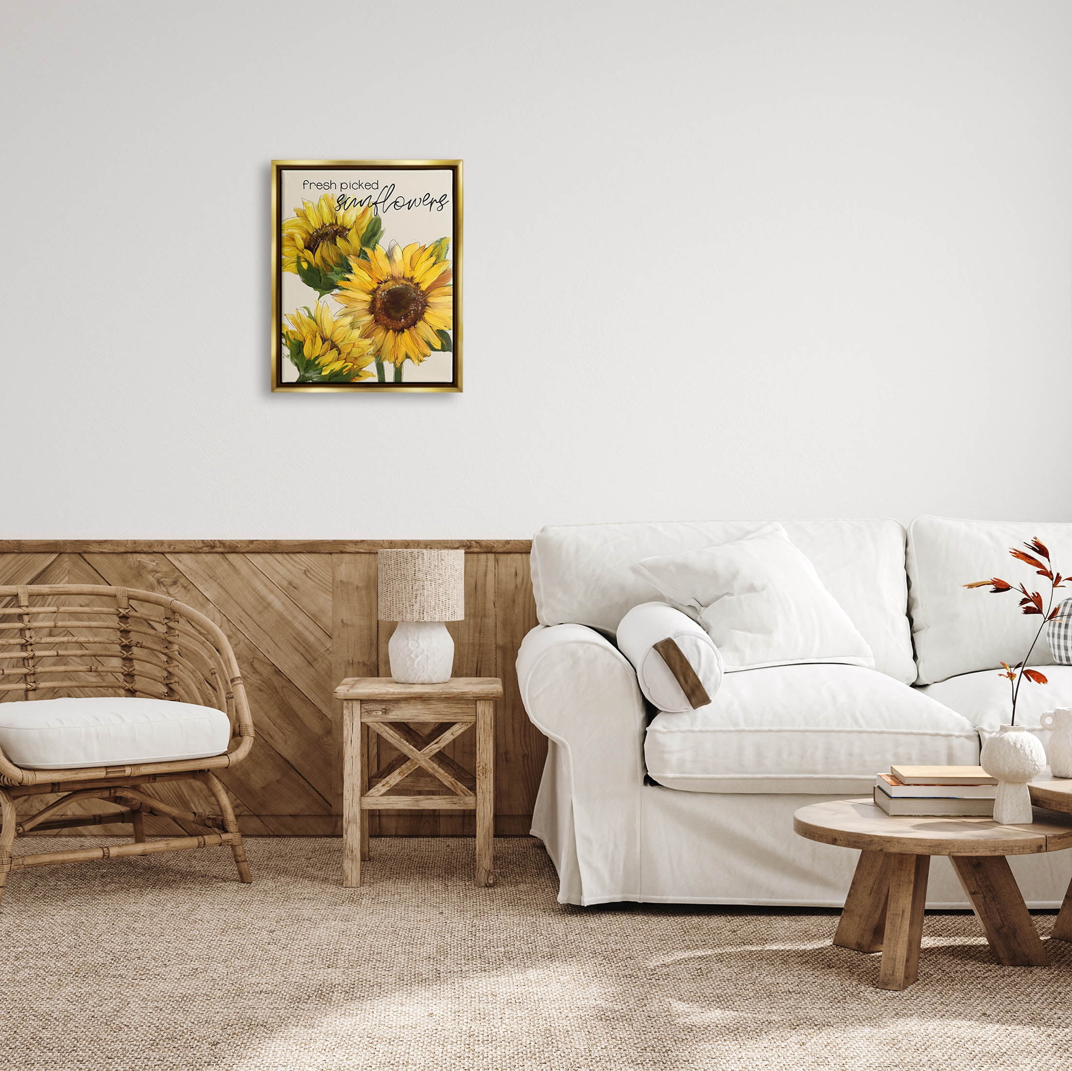 Stupell Industries Fresh Picked Sunflowers Typography Graphic Art Metallic Gold Floating Framed Canvas Print Wall Art, Design by Conrad Knutsen