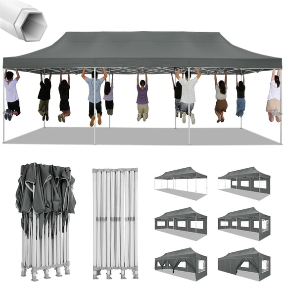 HOTEEL Canopy 10x30 Pop up Canopy with 8 Sidewalls Heavy Duty Party Tent Outdoor Party Event Gazebo Commercial Canopy Tents for Parties Wedding Outdoor Events,Gray