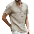 thumbnail image 3 of Chemise à Manches Courtes Homme Été Mode Décontractée T-Shirt en Lin Rétro Col Montant, 3 of 8