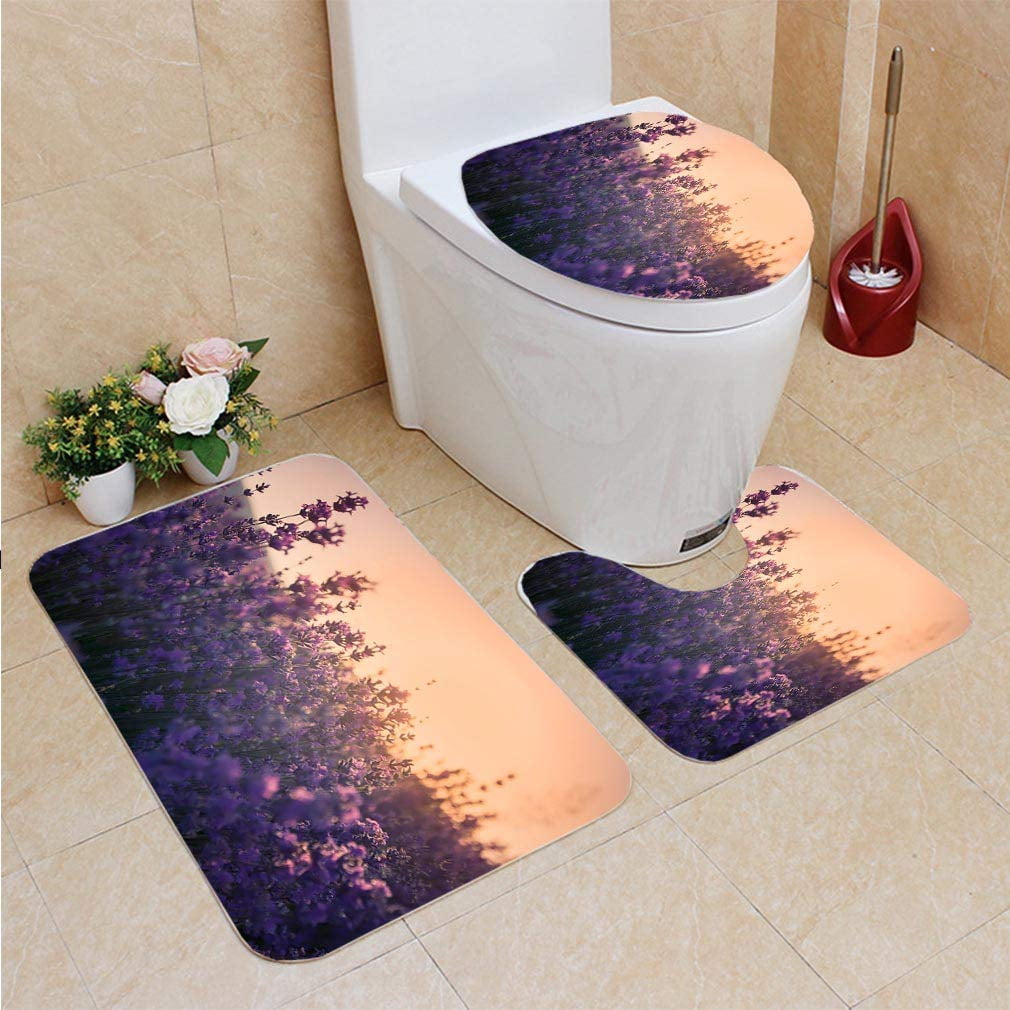 GOHAO Lavender Fields Sunrise 3 Piece Bathroom Rugs Set Bath Rug ...