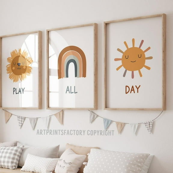 Luvia Playroom, Set Of 3 For Boys, Bedroom Decor, Boys Nursery Lion Print, Rainbow Art, Play All Day, Toddler, Modern Wall Decor Set 3 Prints 8x12 UNFRAMED
