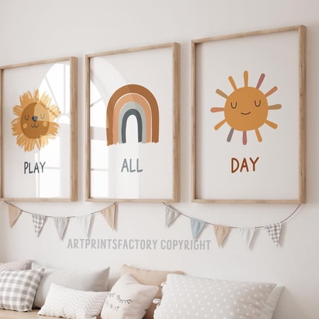 Playroom For Boys Bedroom Decor Boys Nursery Lion Print Rainbow Art Play All Day Toddler, Poster Only